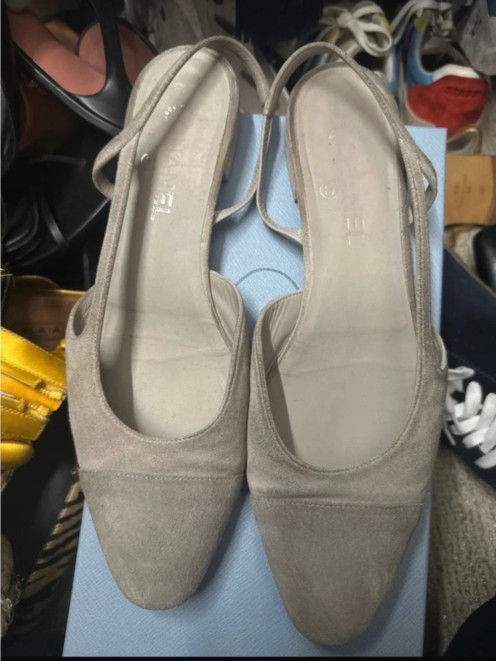 Chanel Light Gray Suede Slingbacks